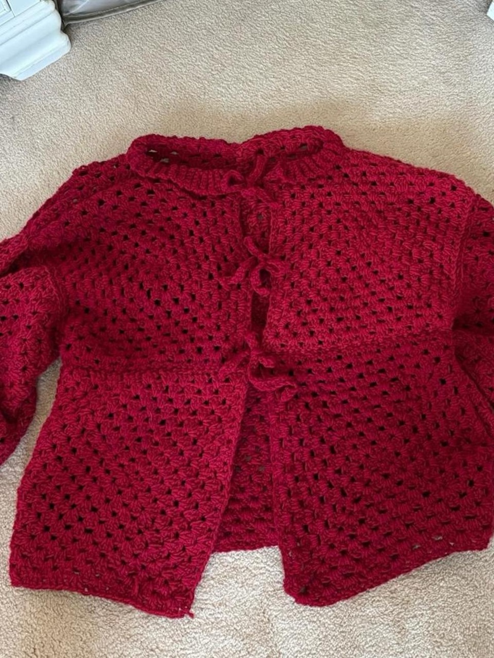 Hand-Crocheted Crimson Openwork Cardigan Sweater